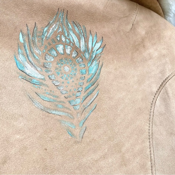 Handpainted Shearling rustic suede AQUA OMBRA leather Gypsy jacket blue feathers - Picture 11 of 15